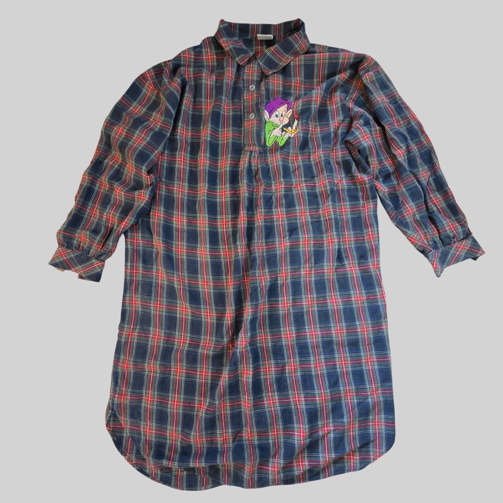 Vintage Disney Snow White Dopey Plaid Nightshirt Flannel Sleepwear Blue Red L